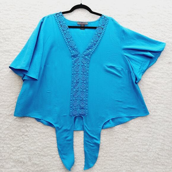 Blouse Size 3X Blue Lace Insert Cruise Going-Out Top Resortwear Vacation Whimsy - Picture 7 of 15